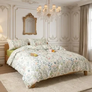 Simple Elegant Tiny Flower Printed Pure Cotton Four Piece Bedding Set Comfortable Printed Duvet Cover Full Queen King Size