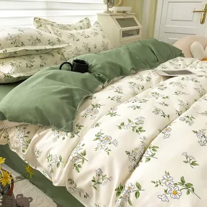 Simple Fresh Comfortable Duvet Cover Set with Sheet Comforter Covers Pillowcases Floral Print Brushed Home Bedding Set