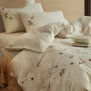 Simple High End Linen Embroidered Duvet Cover Breathable Natural Color Luxury Bedding Set