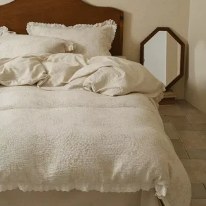 Simple Solid Color Cotton Linen Bedding Set Double Layer Jacquard Duvet Cover Lace Trim All Season