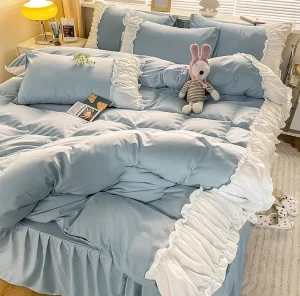 Simple Solid Color Princess Style Blue Lace 100% Polyester Customizable All Season Wedding Four-piece Bed Skirt Bedding Set