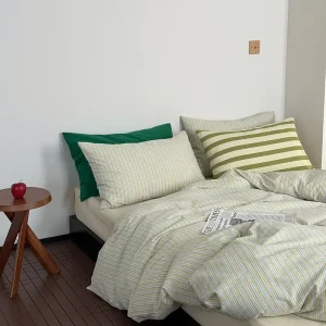 Simple Striped Green Cotton Bedding Set Quilt Cover 4pcs Striped Duvet Cover Set Quilt Cover Set