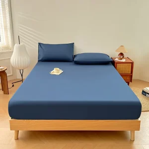 Simple Style Solid Color Home Textile 100% Cotton Bedsheet Waterproof Single Customizable Fitted Sheet Deep Blue Bedding Set