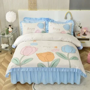 Skin Friendly Duvet Cover Set for Children Cute Print Lace Bed Skirt Sheet Set