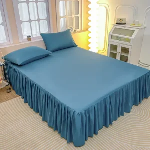 Skin-friendly Water-washed Cotton Brushed Simple Color Ruffled Edge Simple Bed Skirt Set of Three Pieces