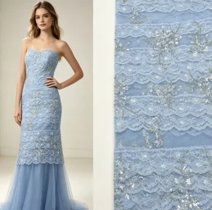 Sky Blue Floral Vine Lace Mesh Fabric Silver Sequin Beaded Tulle Material for Wedding Evening Dress
