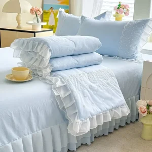 Sky Blue Polyester Romantic Beautiful Embroidery Solid Ruffled Comforted 4PCS Duvet Quilt Set