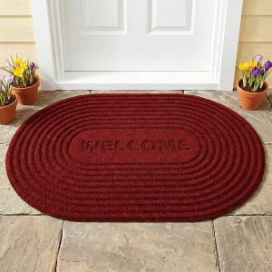Slim Profile 15×23 Inch Oval Welcome Mat Red Stylish Raised Pattern Design for Home Decoration Absorbent Front Door Mat