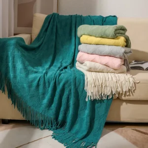 Soft 100% Polyester Knit Throw Blanket Multicolor Solid Tassels Eco Friendly Simple Machine Washable Decor Sofa Throw Winter