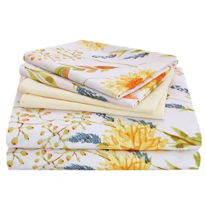 Soft 4 piece Bed Sheets Set Yellow Floral Microfiber Bed Sheet Set with Deep Pockets Custom Printed Bedding
