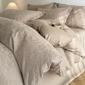 Soft 60S Glossy Embossed Jacquard Bed Sheets 4pcs Duvet Cover King Size Cotton Luxury Bedding Sets for Home Hotel