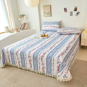 Soft Breathable Floral Striped Bed Sheet Pillowcase Set 100% Pure Cotton Cartoon Flat Sheet Set for Kids Girls Bedroom Decor