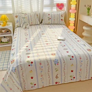 Soft Breathable Floral Striped Bed Sheet Pillowcase Set 100% Pure Cotton Cartoon Flat Sheet Set for Kids Girls Bedroom Decor