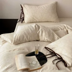 Soft Breathable Linen Bedding Set Brown Ties Beige Jacquard Bedroom Hotel Guest Room Luxury Bed Sheets