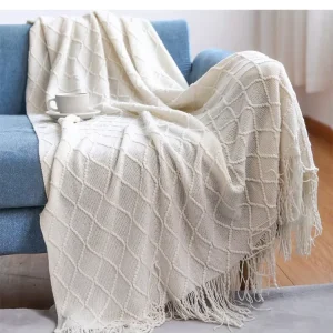 Soft Chair Sofa Home Decor Modern Lightweight Solid Acrylic Knitted Throw Blanket With Tassel