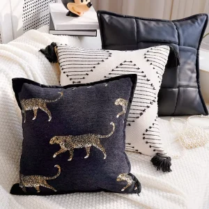Soft Chenille Leopard Print Throw Pillow Black with Gold Animal Pattern Decorative Cushion for Sofa Couch Bedroom Living Room