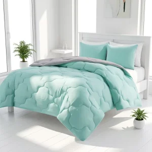 Soft Cloud Stitch Reversible Comforter Set Lightweight Double Sided Mint Grey Bed Quilt for Bedroom