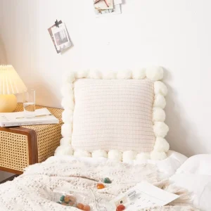Soft Comfortable Square Solid Ruffle Decorative Throw Pillow with Balls Home Use Sofa Bed Office