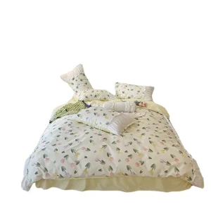 Soft Comforter Set Full/Queen Size Flowers Tulips Fresh Pure Color 4 Piece Bed Sets Microfiber Bedding for Couple Bedroom