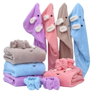 Soft Cute Coral Fleece Bath Sheets Set Hair Towel Wrap Headband and Bathrobe