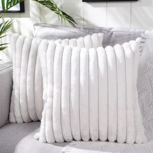 Soft Fluffy Faux Rabbit Fur Cushion Cover Striped Plush Throw Pillow Case for Seat & Sleep Decorative for Sofa Couch Bedroom