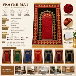 Soft Gold Diamond Velvet Muslim Prayer Mat Anti Slip Rubber Backing Washable Islamic Sajjadah Prayer Rug With Tassels