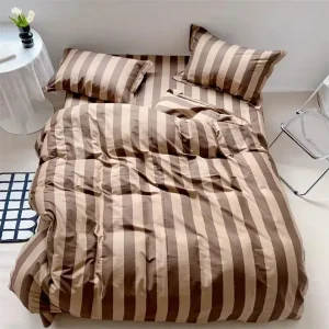 Soft Lightweight Texture Brown Stripe 100% Natural Organic Cotton Duvet Cover Pillowcase Bedding Skin friendly