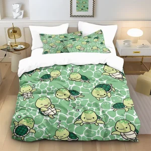Soft Microfiber Cartoon Sea Turtle Duvet Cover Set 3 Piece Kids Bedding with Pillowcases Breathable All Season Comforter Cover