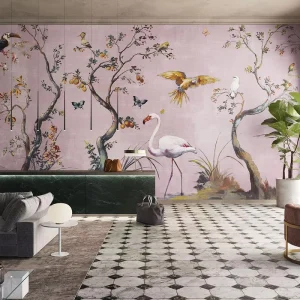Soft Pink Botanical Wallpaper Vintage Exotic Flamingo Bird Fruit Tree Floral Design for Living Room Wall Renovation Decoration