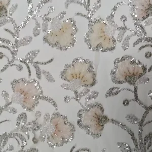 Soft Pink Flower Sequin Lace Fabric Delicate Embroidery Beaded Tulle for Sweetheart Wedding Dresses Bridesmaid Gowns