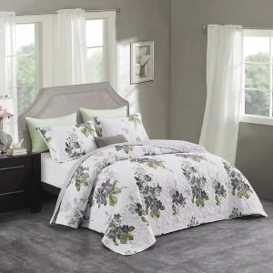 Soft Quilted Bedding Set Light Microfiber Summer Bedspread Floral Design Anti-microbial OEKO TEX Certified Washable Cover