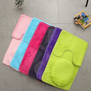 Soft Shaggy Microfiber Bath Rugs Mats Modern Design Machine Washable Non Slip Rubber Backing 3 Piece Bathroom Rug Set