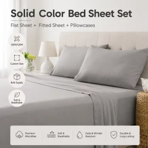 Soft Solid Color Microfiber Bed Sheet Set with Flat Sheet Fitted Sheet and Pillowcases for Hotel