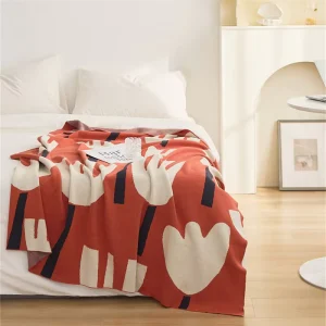 Soft Tulip Floral Boho Picnic 100% Cotton Knitted Throw Blanket for Sofa Home Decoration Travel