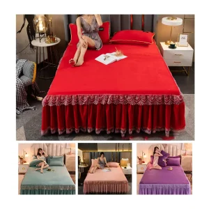 Soft and Comfort Milk Fleece Flannel Bed Skirts Set Double Layer Bedspread Floral Printed Bed Sheet Bilateral Bed Skirt