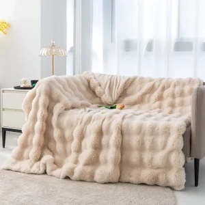 Solid Cartoon Rabbit Faux Fur Bubble Throw Blanket Coral Plush Sofa Cover Customizable Four Seasons Use