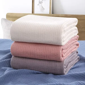 Solid Color 100% Cotton Sofa Couch Waffle Throw Blanket Soft Skin Friendly Air conditioning Breathable Warm Nap Blanket