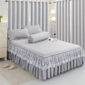 Solid Color 9 Piece Double Layer Bed Skirt Set with Curtains King Size Polyester Washable Bedding