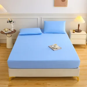 Solid Color Bed Cover and Fitted Sheet Set Waterproof Polyester Mattress Protector Bedding for Home Use