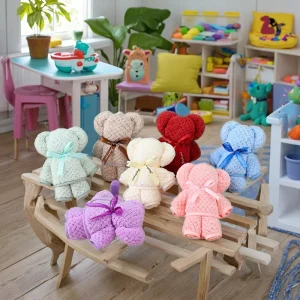 Solid Color Cute Cartoon Bear Gift Towel Soft Microfiber Knitted Bath Washcloths for Baby and Children Multi Use Home Towel
