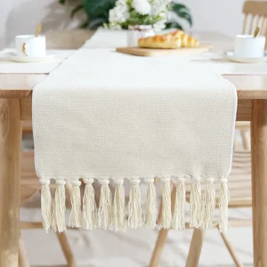 Solid Color Jacquard Table Runner Woven Cotton Table Cloth with Elegant Simple Tassel Home Use