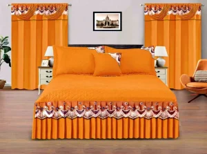 Solid Color Orange Color 5pcs Lace Bed Spread Skirt Bedding Set With Curtains Ready to Ship for 3 Place Bed