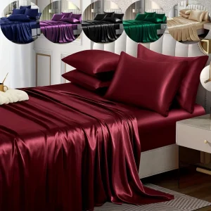 Solid Color Satin 4 Piece Set Silky Cooling Duvet Cover Bedsheets and Pillowcases Skin & Hair Friendly