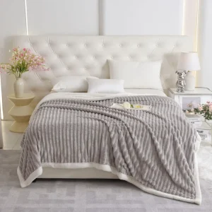 Solid Color Striped Edge Double Layer High Weight Polyester Fleece Nap Blanket All Season Multipurpose Soft Cozy Throw