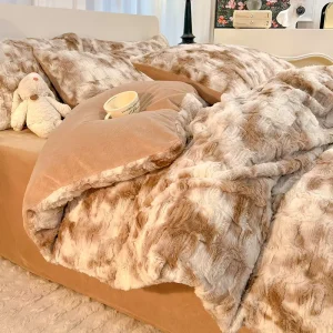 Solid Faux Rabbit Velvet Milk Velvet 4PCS Set Colour Plaid Comforter Cover Pillowcase Quilt Cover Sheet Bedding Set for Winter