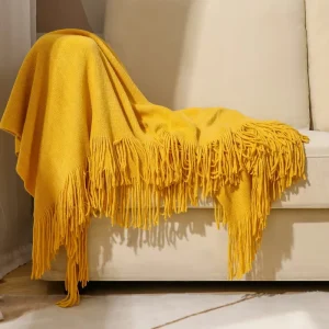 Solid Fringe Throw Blanket with Tassels Super Soft Warm Blankets for Couch Sofa Bed and Living Room for All Season Decor