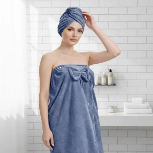 Solid Microfiber Bath Towels Wrap for Women Spa Style Quick Dry Shower & Hair Towel with Secure Closure (Blue S XL) Home Use