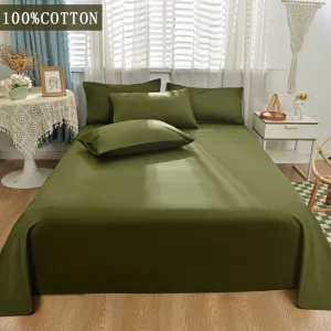 Solid Military Green Pure Cotton Customizable Large Flat Bed Sheets for Home Use