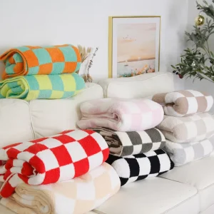 Home Checkered Throw Blanket Knitted Blanket with Checkerboard Grid Pattern Soft Cozy Fluffy Blanket for Couch Bed Sofa