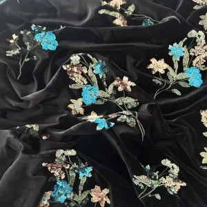 Sparkling Blue Sequin Flower Embroidery Fabric Luxury Black Mesh Lace for Evening Gown Party Dress Stage Wear